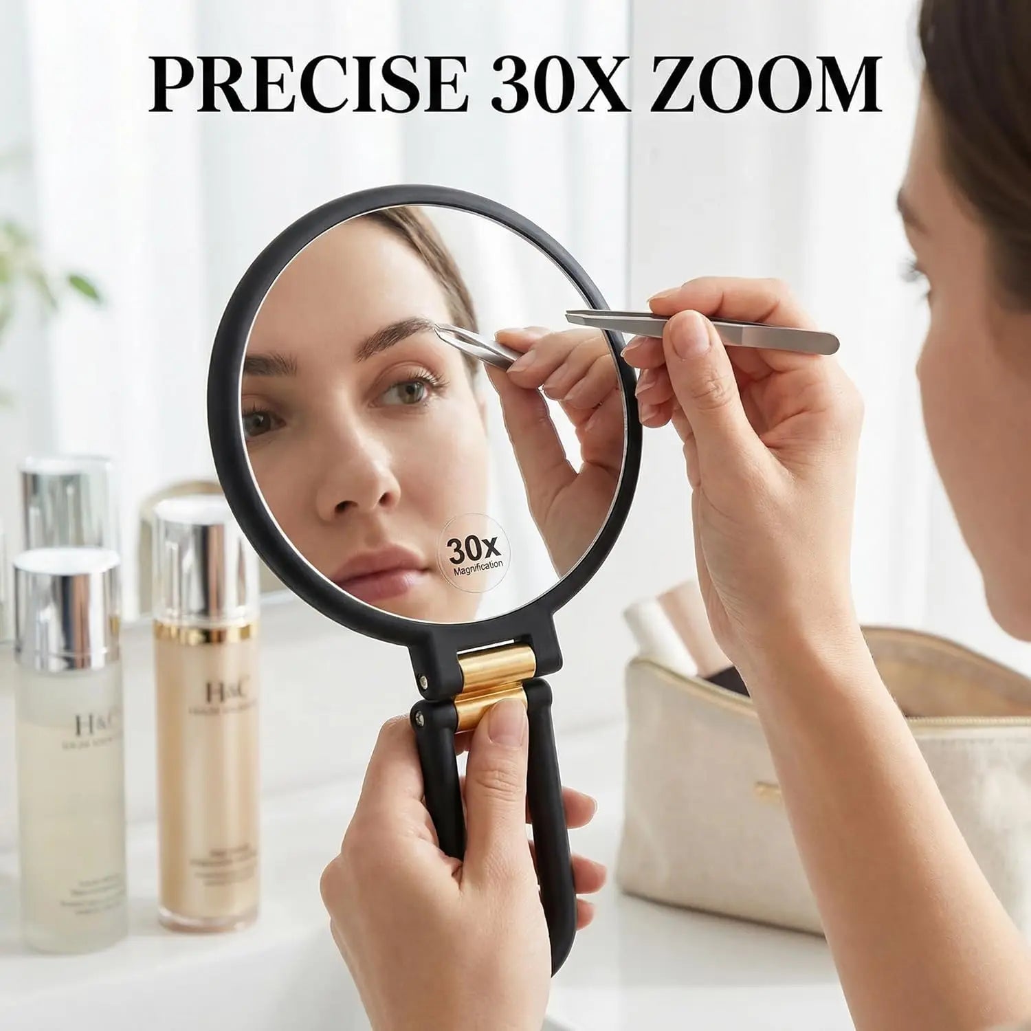 Magnifying Handheld Mirror Double Sided 30X Folding Travel Mirror with Adjustable Rotating Base for Makeup Table, A1