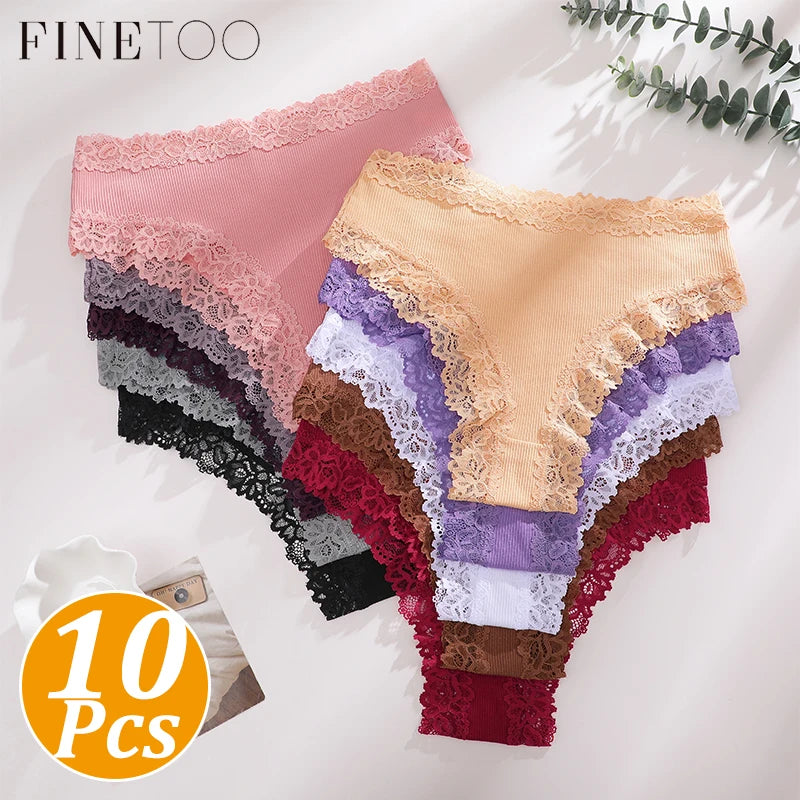 FINETOO 10Pcs/Set Women Lace Underwears Mid‑Rise Soft Ribbed Cotton Panties Breathable Stretch Lace Pantys Trim Hipster Briefs Multipack for Daily Wear Sexy G-String Cotton Crotch S-XXL Plus Size Panties