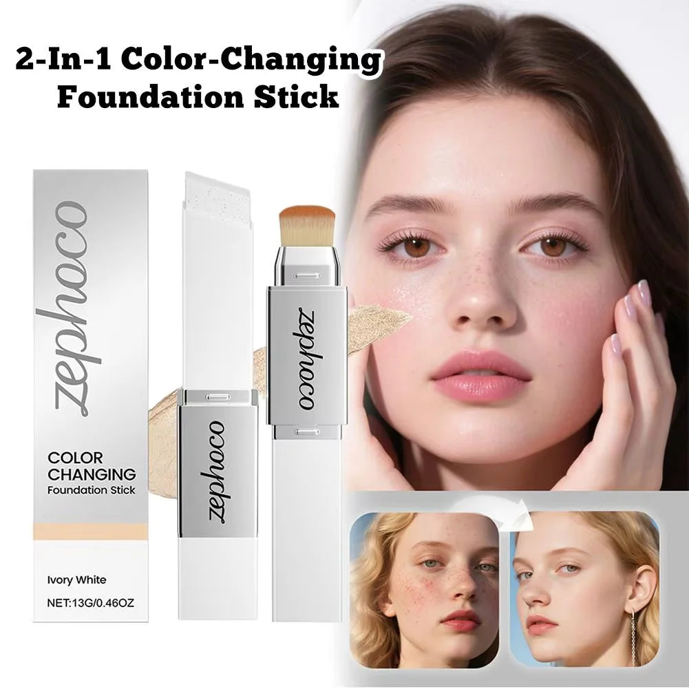 2 in 1 Color Changing Foundation Stick High Concealer Lightweight Moisturizing for All Skin Types Brightening Matte Lasting Base