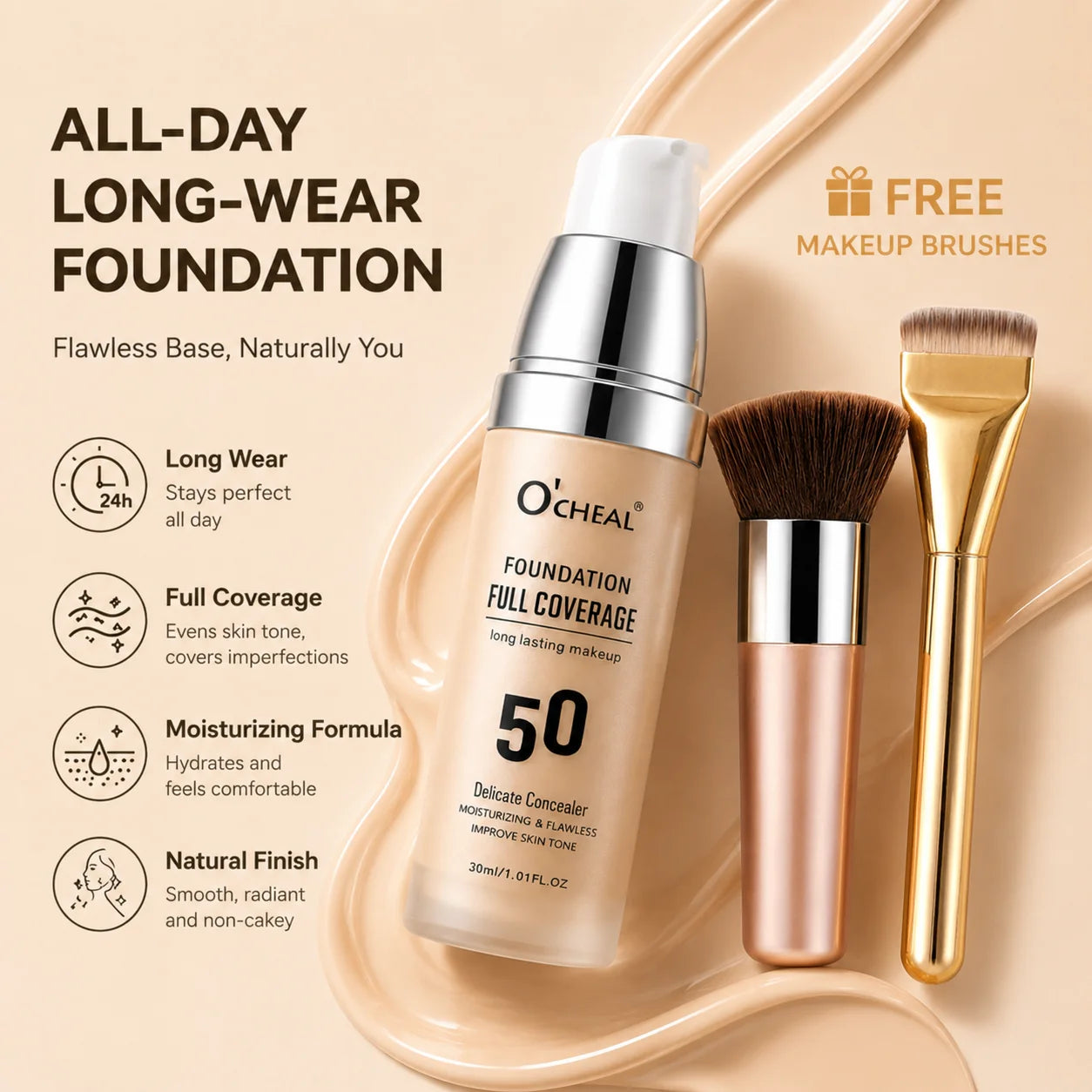 24H Long‑Wear Foundation with SPF50 Protection, High Coverage Concealer for Blemishes, Moisturizing Lightweight Makeup  Free Foundation Brushes