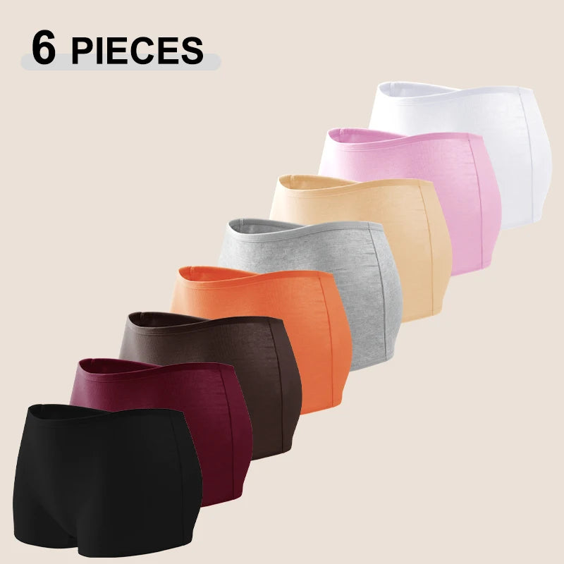 6Pcs/Set Women Cotton Fabric Boyshorts Panties Seamless Soft Breathable Underpants High Waist Solid Color Boxer Shorts Underwear