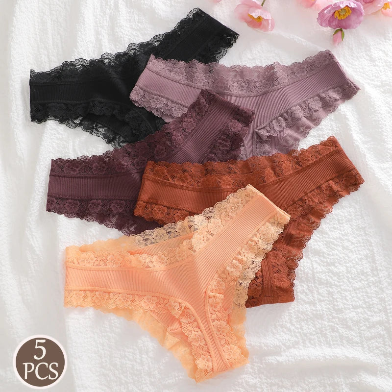 5Pcs/Set Women's Seamless Cotton Thongs Panties Sexy Low Waist Patchwork Lace Underwear Female Soft Breathable G-string Lingerie