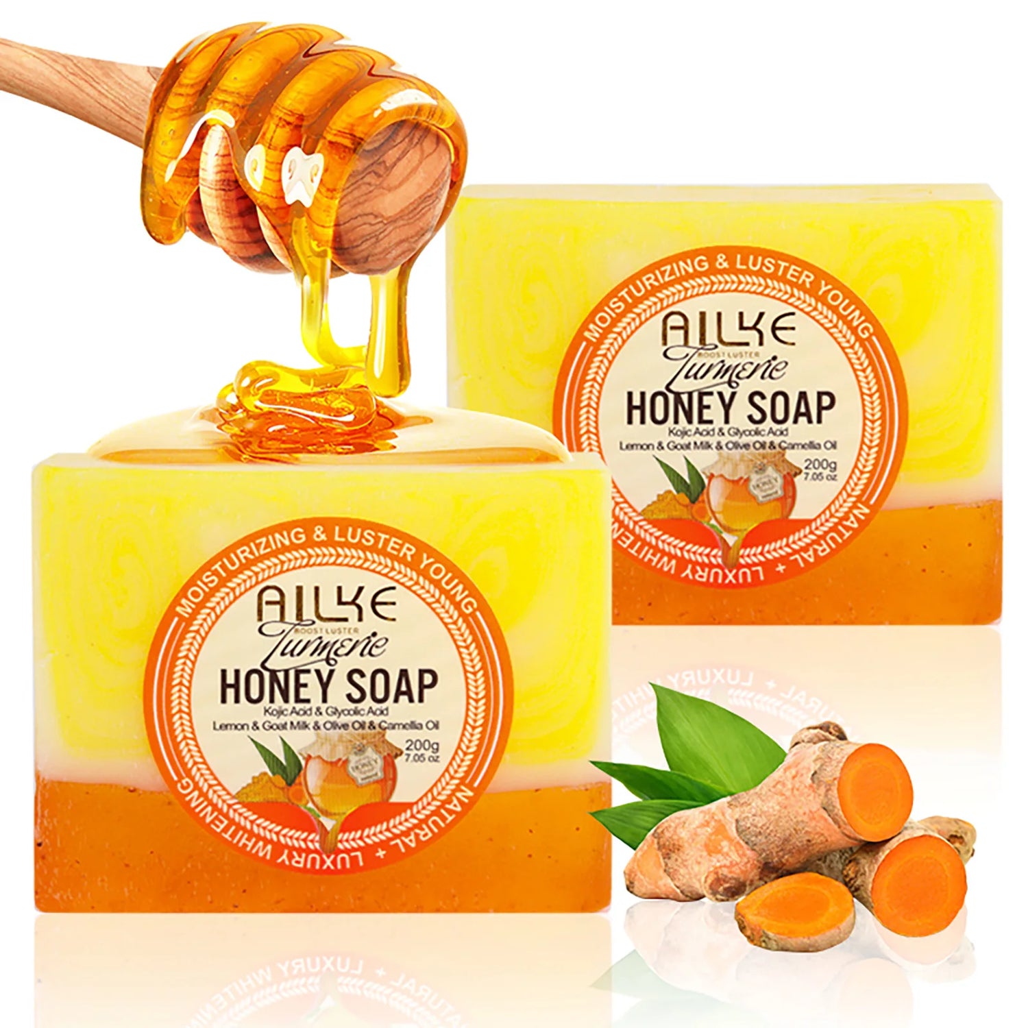 AILKE Natural Turmeric Honey Soap Bar, Whitening, Clean Skin, Remove Dark Spots, Stains, With Kojic Acid, Lemon, 200g/7 oz