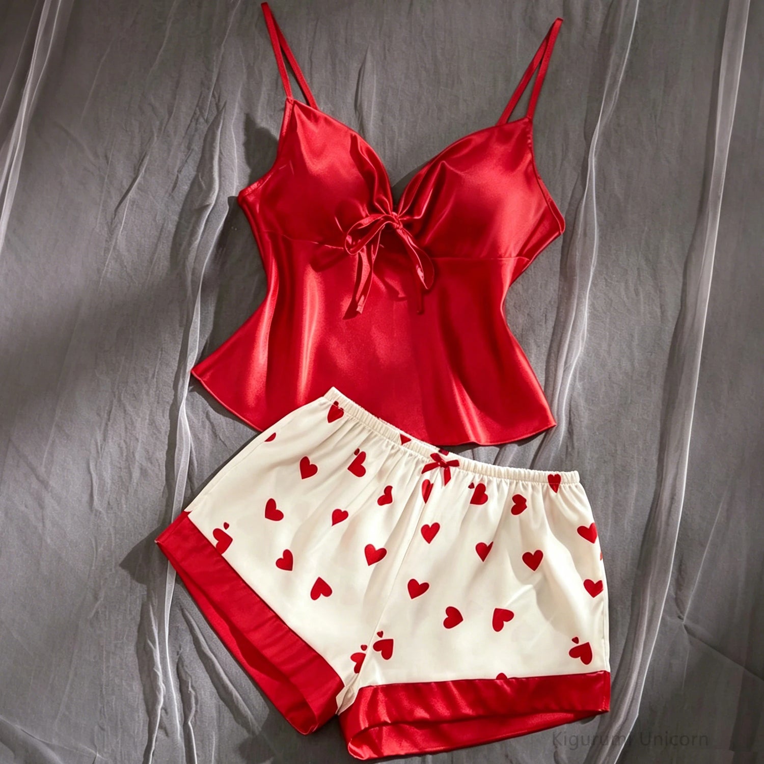 2pcs Silky Camisole Top With Tie Knot & Heart Print Short Pants Pajama Set Women's Red Satin Sleepwear Valentine's Day Summer
